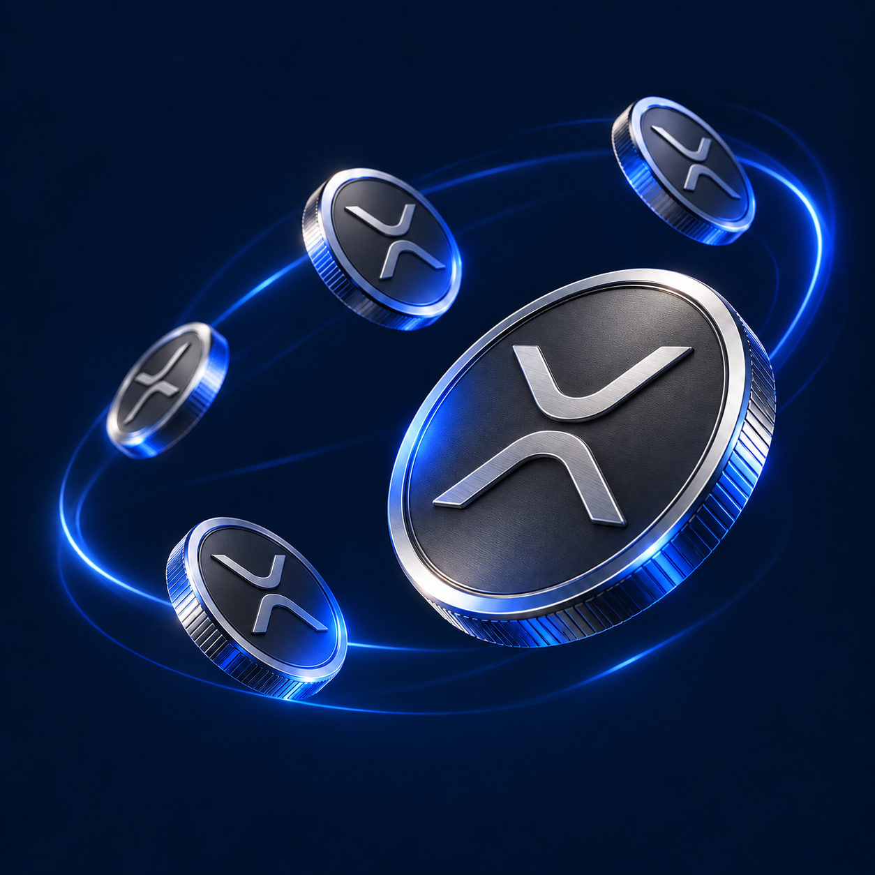 Silver XRP coins floating along a blue illuminated orbit